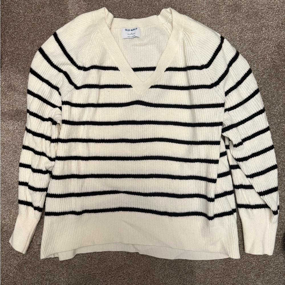 Old Navy Women's V-Neck Sweater - Black and Cream Stripes
